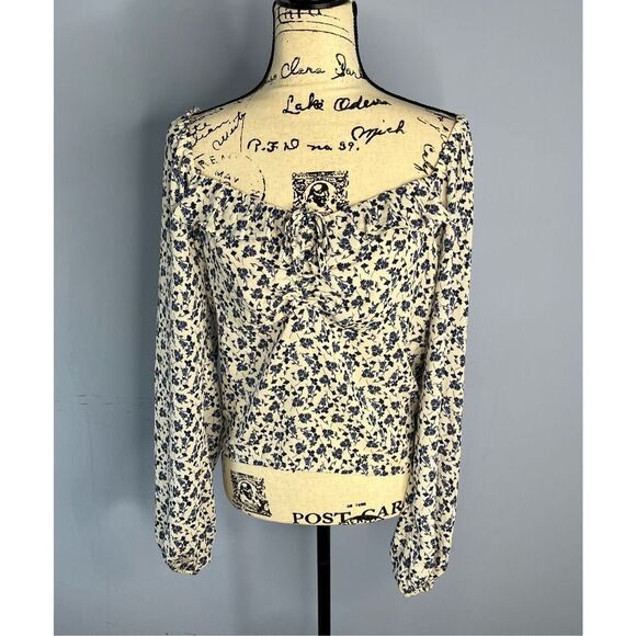 Lush Women's 2XL XXL Blue White Floral Off the Shoulder Cropped Shirt Top Blouse - Picture 1 of 6